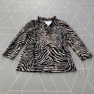 J. McLaughlin Durham Ruffle Neck Top L Stretch Animal Print Blouse Career